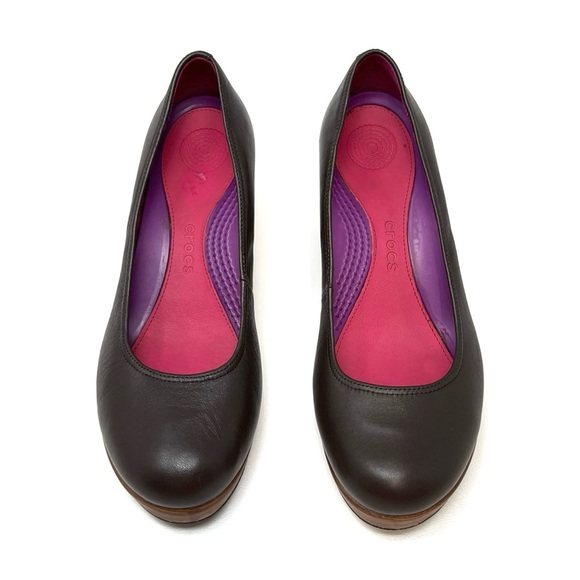 Crocs Walnut Brown Wedge Heel Size 9 Platform Pump Leather Closed Round Toe - Picture 12 of 13